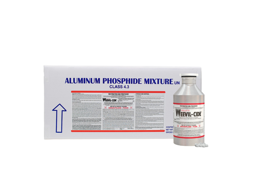 Aluminum phosphide mixture container with a bottle labeled 'Weevil-Cide' on a white background