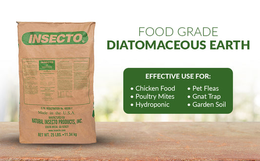 Bag of Insecto food grade diatomaceous earth on a wooden surface with a blurred background