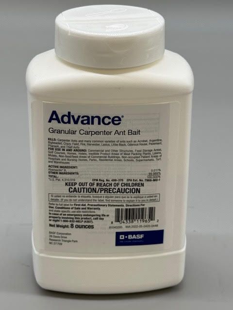 White container of Advance Granular Carpenter Ant Bait on a gray background