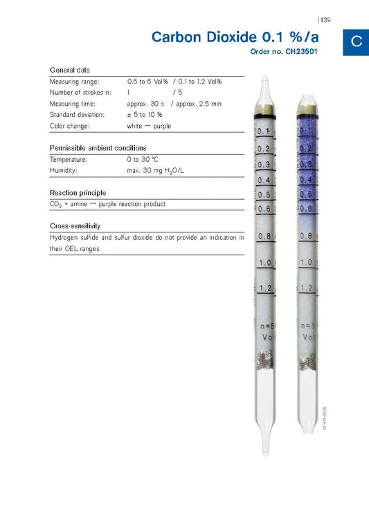 Draeger Carbon Dioxide 0.1%/a detector tube data sheet, order number CH23501, with an unused and a discolored tube