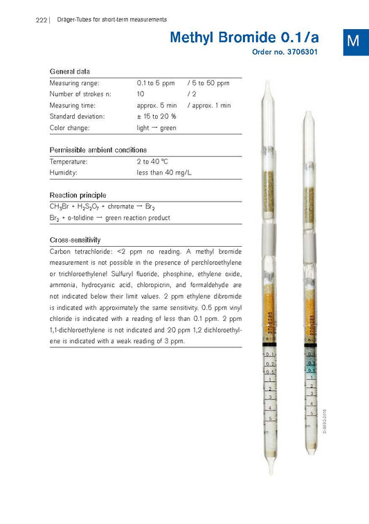 Draeger Methyl Bromide 0.1/a detector tube data sheet, order number 3706301, with an unused and a discolored tube