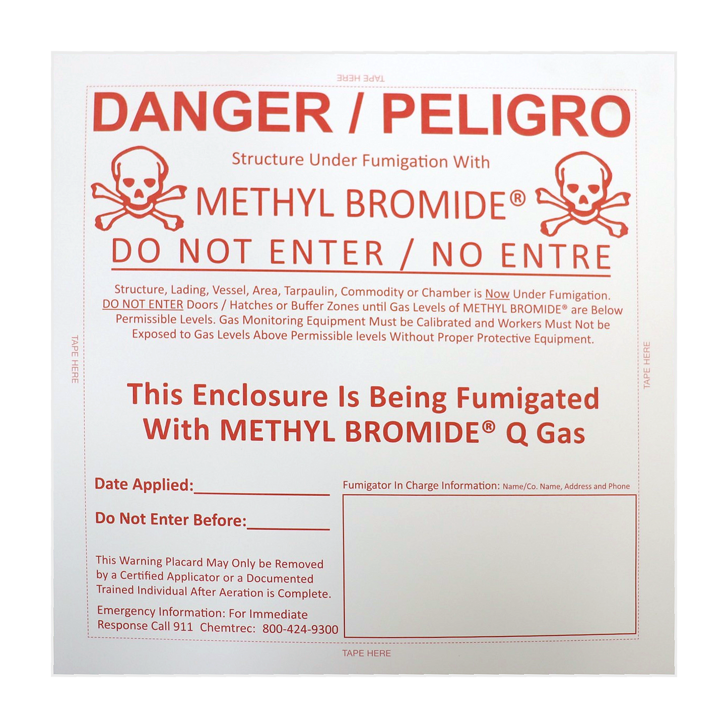 Methyl bromide Q Gas fumigation warning placard with bilingual danger notice