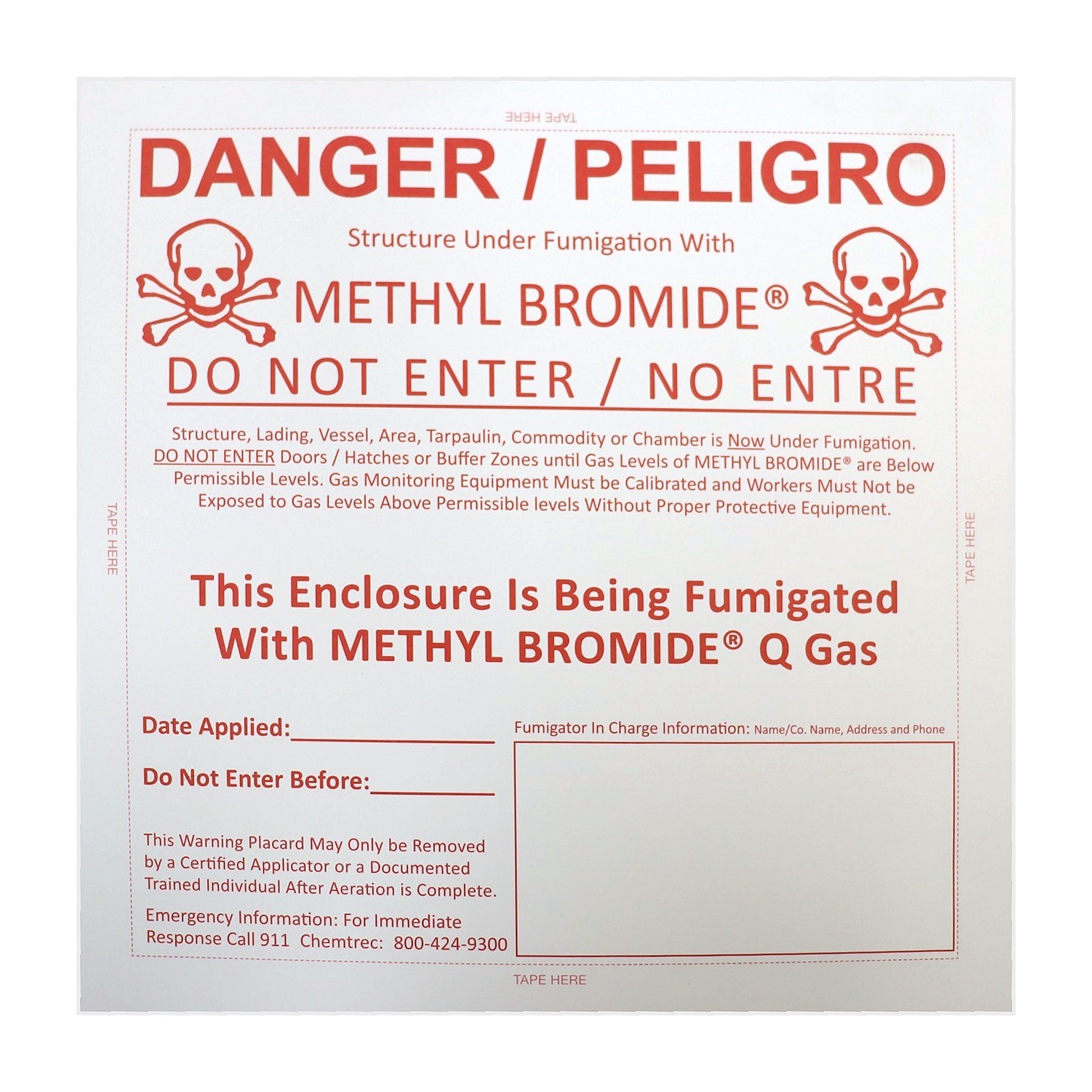 Methyl bromide Q Gas fumigation warning placard with bilingual danger notice