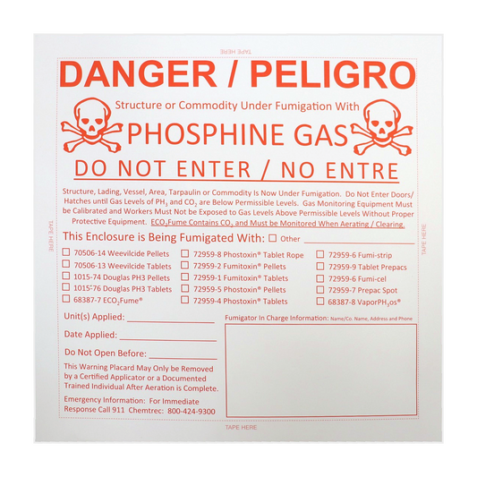 Phosphine gas fumigation warning placard with bilingual danger notice and write-in fields
