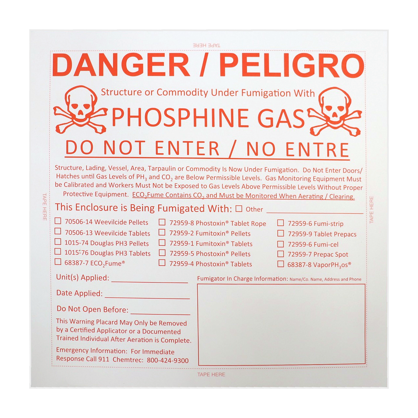 Phosphine gas fumigation warning placard with bilingual danger notice and write-in fields
