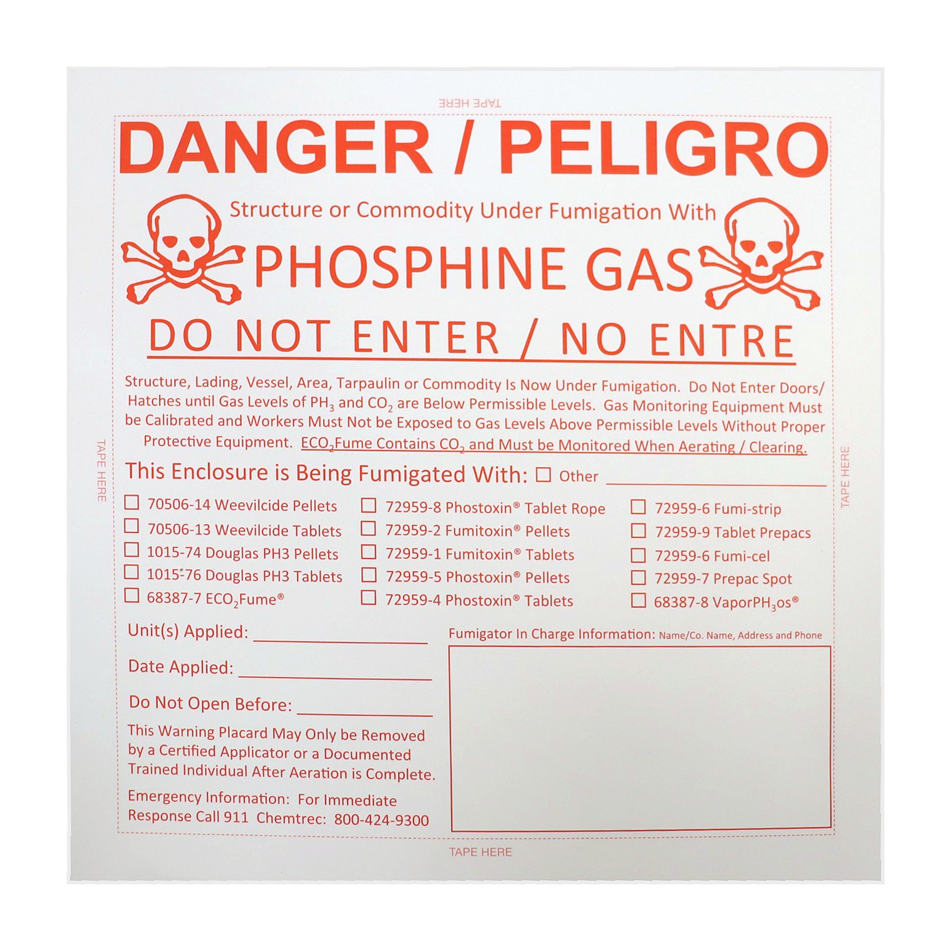 Phosphine gas fumigation warning placard with bilingual danger notice and write-in fields