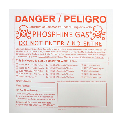 Phosphine gas fumigation warning placard with bilingual danger notice and write-in fields