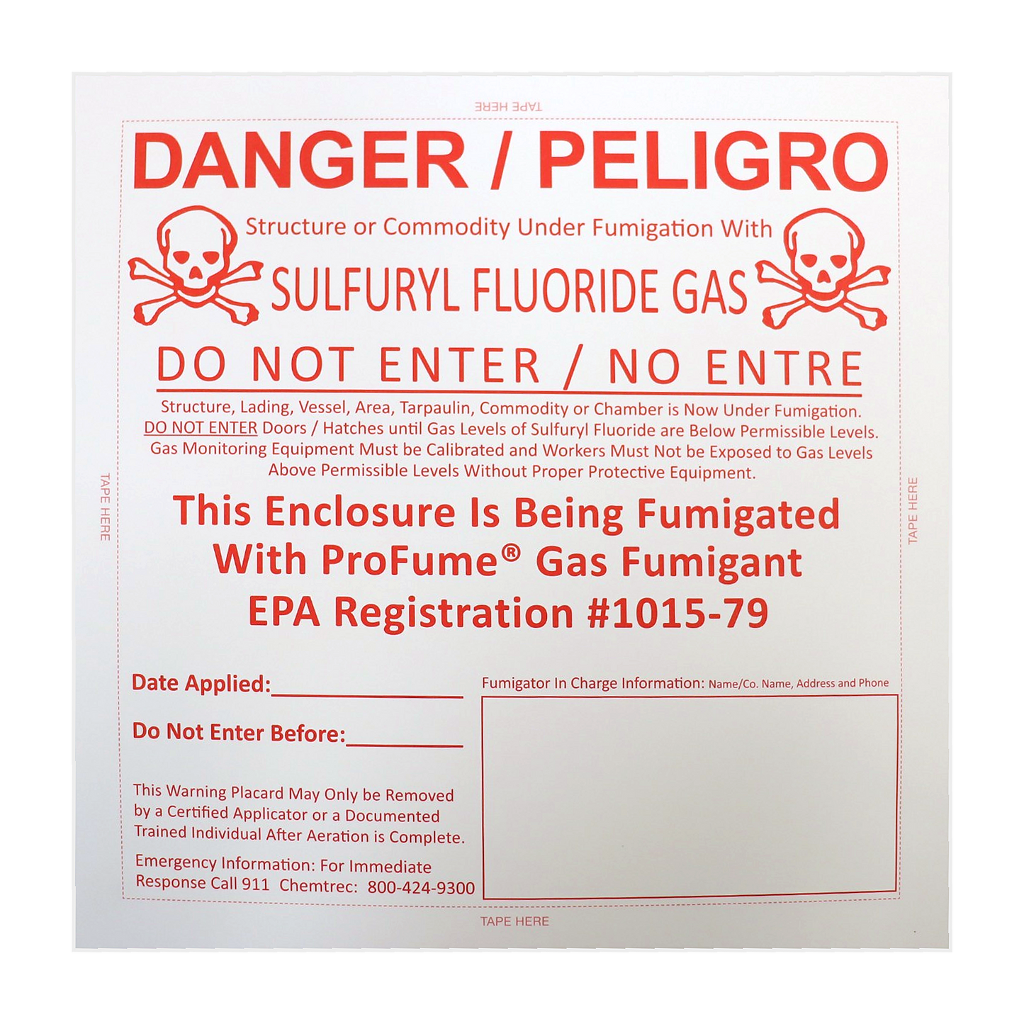 ProFume sulfuryl fluoride fumigation warning placard with bilingual danger notice