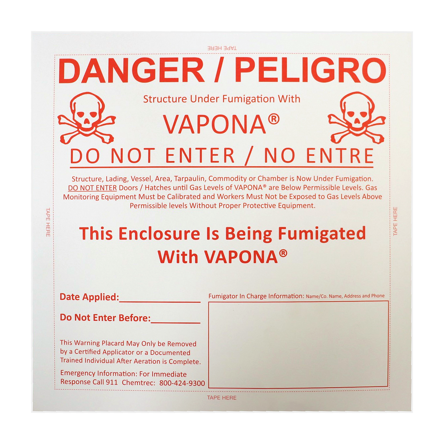 Vapona fumigation warning placard with bilingual danger notice and write-in fields