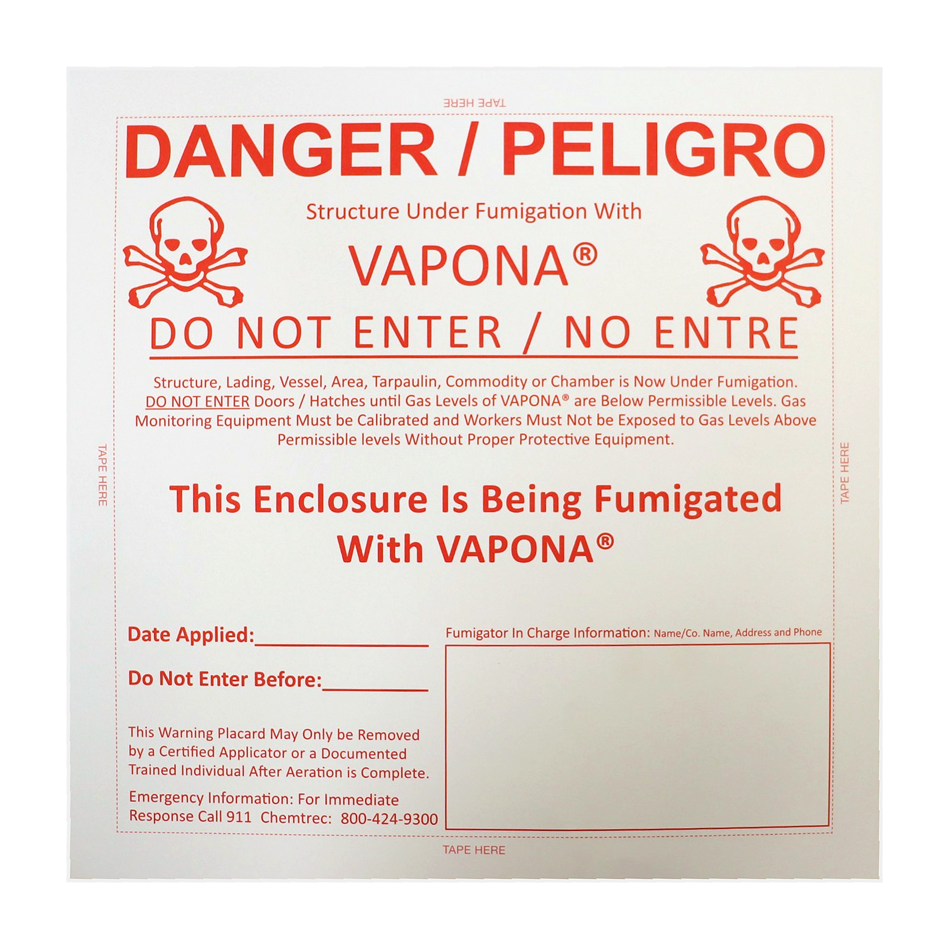 Vapona fumigation warning placard with bilingual danger notice and write-in fields