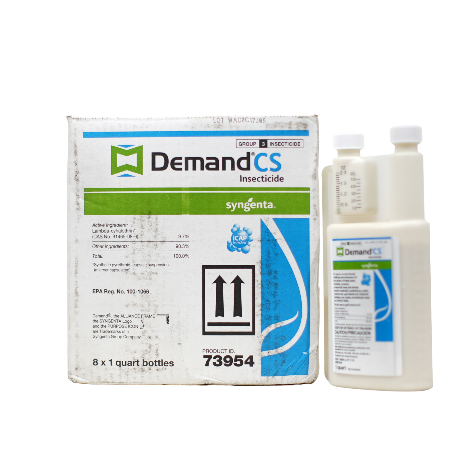 A bottle of Demand CS insecticide with a label showing product information and branding.
