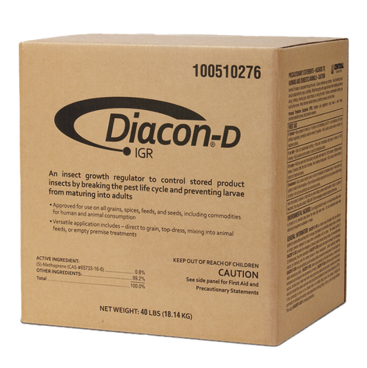 A brown cardboard box of Diacon-D IGR insect growth regulator with product information and branding.