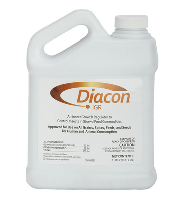 A white plastic bottle with a label featuring the brand name Diacon IGR, which is an insect growth regulator for use in stored food commodities.