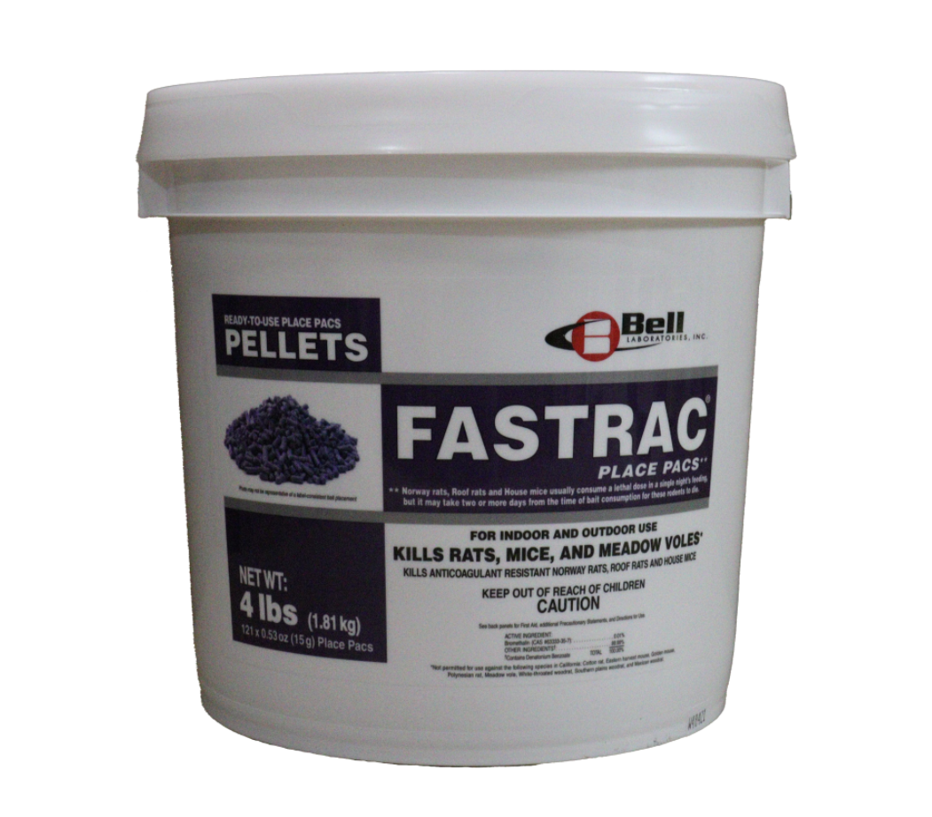 A white plastic bucket labeled 'Fastrac All Weather Place Pacs' used for rodent control with active ingredient Bromethalin.