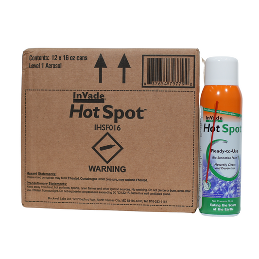 InVade Hot Spot is a top bio sanitation foam that is bigger and better. It comes in a 19 oz aerosol can with a straw and includes a 24" flexible extension hose for easy application.