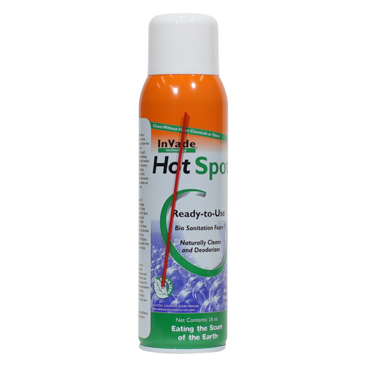 A can of InVade Hot Spot insecticide aerosol with a straw, labeled for ready-to-use application, with a green and white color scheme.