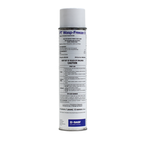 A can of PT Wasp Freeze II insecticide with label information including active ingredient, target pests, and application instructions.