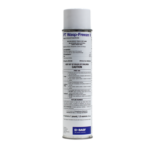 A can of PT Wasp Freeze II insecticide with label information including active ingredient, target pests, and application instructions.