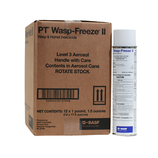 A can of PT Wasp Freeze II insecticide with label information including active ingredient, target pests, and application instructions.