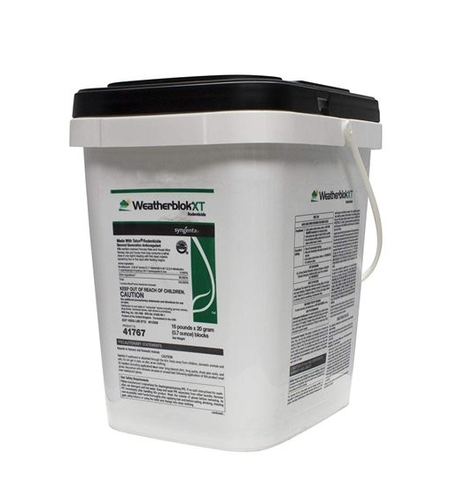 A white pail labeled 'Weatherblok XT' with product information and a green label that includes the brand 'Talon'. The pail has a black lid and a label attached to it.