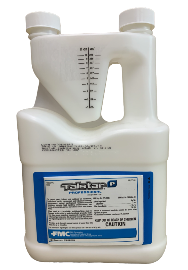 A white bottle labeled 'Talstar Professional' with blue and black text, indicating it is an insecticide product.