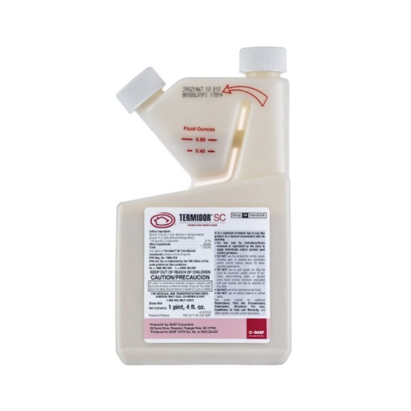 A white bottle of Termidor SC termiticide/insecticide with product information and branding on the label.