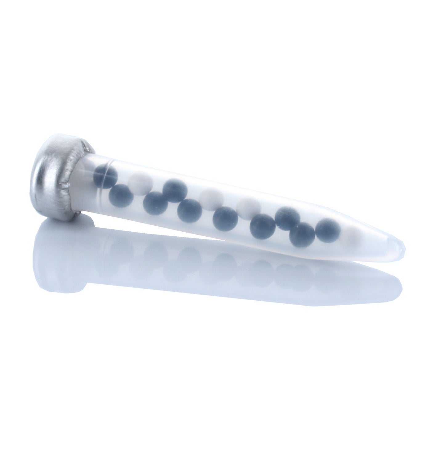 A white, cylindrical pheromone bullet lure designed for attracting varied carpet beetles.