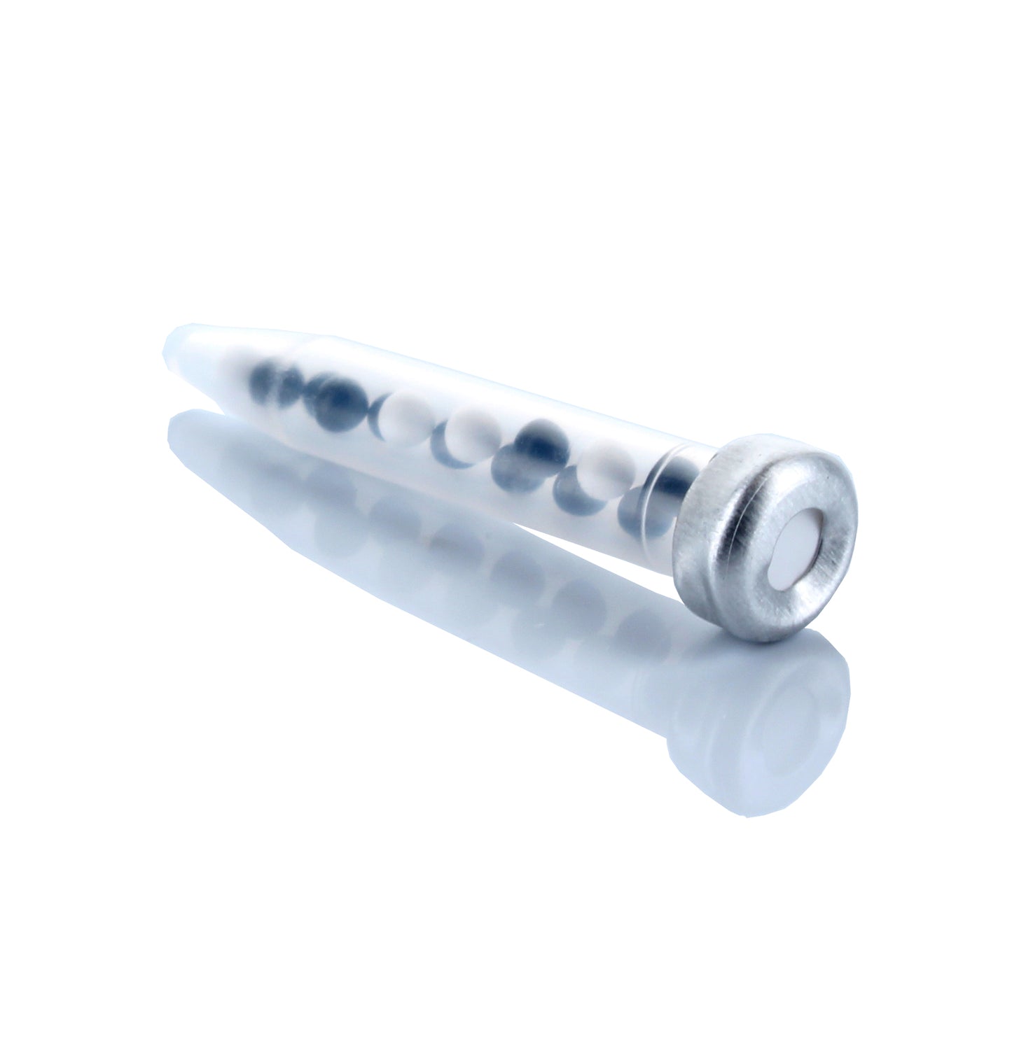 A white, cylindrical pheromone bullet lure designed for attracting varied carpet beetles.