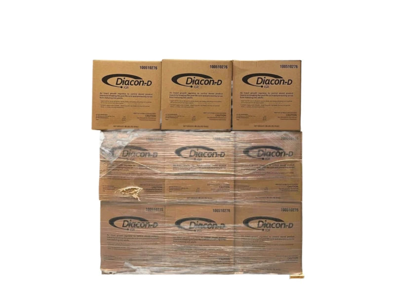 Stretch-wrapped pallet stack of Diacon-D IGR 40 lb cartons