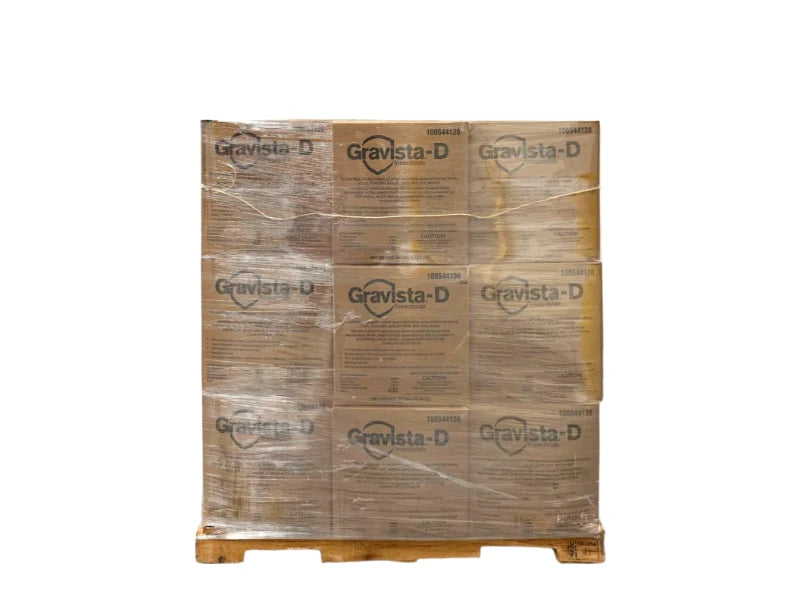 Stretch-wrapped pallet of Gravista-D 44 lb cartons on a wooden pallet