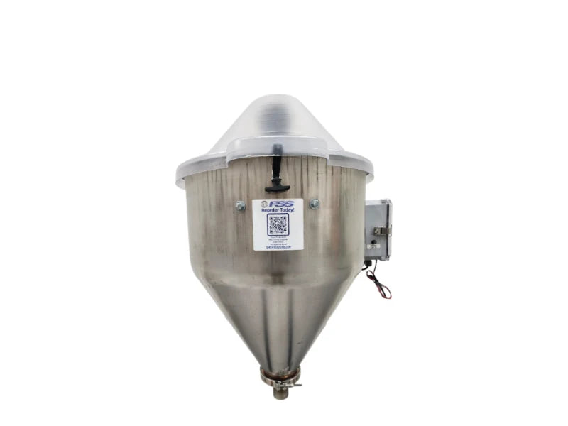 Stainless-steel dry applicator hopper with lid, control box and discharge outlet