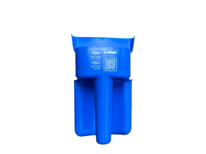 Blue 3-quart scoop printed with Gravista and Diacon-D rates and a QR code