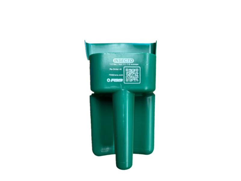 Green 3-quart scoop printed with the Insecto rate and a QR code